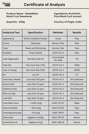 SweetNest Monk Fruit Sweetener lab tested certificate of analysis – FSSAI approved safe natural sweetener erythritol monk fruit extract India