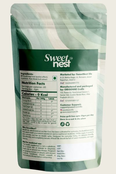 SweetNest Monk Fruit Sweetener 240g pouch back view – ingredients erythritol pure monk fruit extract nutrition label made in India